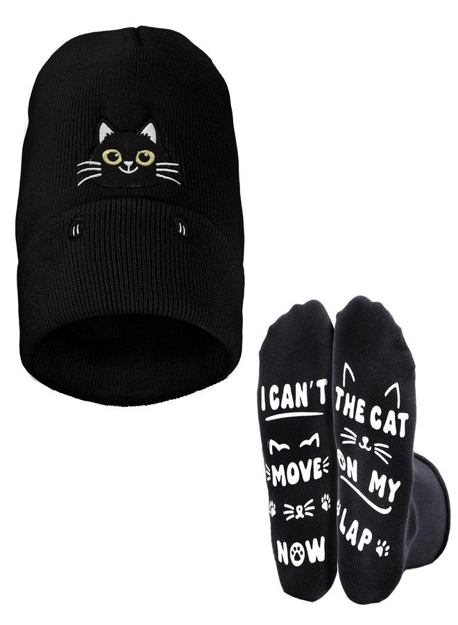 Bigmeta Cat Beanie Hat and Funny Socks for Women - Cute Warm Christmas Stocking Stuffers Gifts for Cat Lovers, Black - Image 1